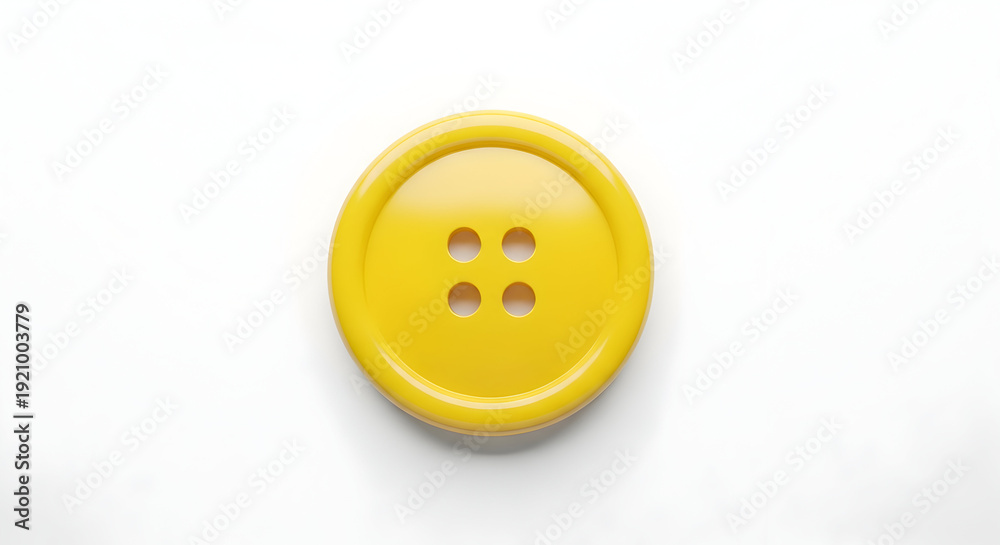 Fototapeta premium A single yellow plastic button on a white background, isolated, clothing fastener, sewing accessory, fashion detail