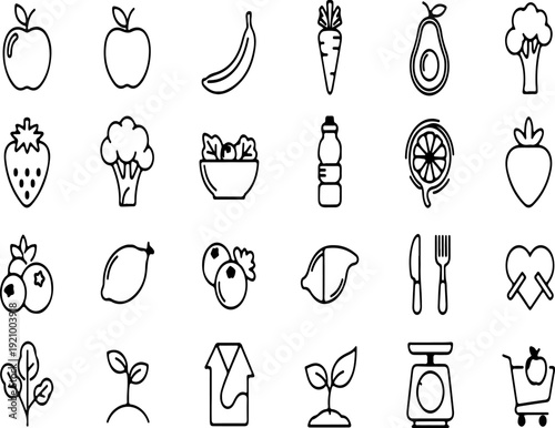 Healthy food and organic produce outline icon collection. Includes apple, banana, carrot, avocado, broccoli, strawberry, lettuce, water bottle, lemon, blueberry, nuts, cutlery, spinach, seedling
