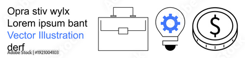 Business, productivity, innovation, financial planning, idea generation, wealth concepts. Minimalist briefcase, lightbulb with gear and a coin. Business and productivity concepts