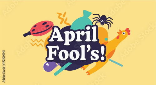 April Fools Day Illustration with Cartoon Characters in Bright Colors on Yellow Background for Greeting Card