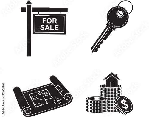 Real Estate Icons - For Sale Sign, Key, Blueprint, and Coins.