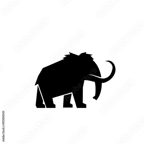 Black silhouette of a woolly mammoth with large tusks, a stylized geometric animal illustration on a white background.