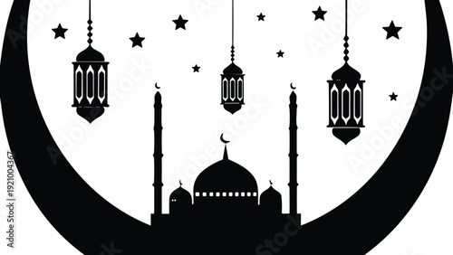 Islamic mosque silhouette with hanging lanterns and stars inside large crescent moon for Ramadan Kareem celebration Eid Mubarak greeting card and religious background vector