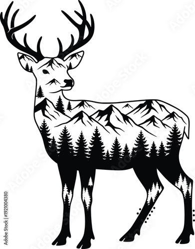 Majestic deer silhouette with mountain landscape and pine forest double exposure illustration, wildlife nature art design isolated background