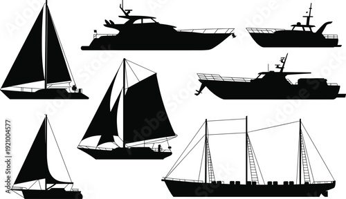 Set of Black Boat and Ship Silhouettes Including Sailboats Yachts and Motorboats Isolated on White Background for Marine Travel Nautical and Ocean Graphic Design