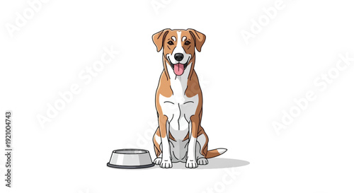 Hungry Dog Sitting Beside Empty Food Bowl Isolated on White Background