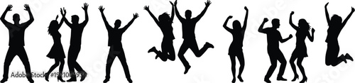 People dancing silhouette set, happy men and women jumping celebration party, black isolated vector illustration collection