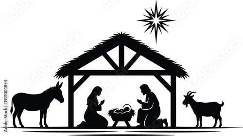 Nativity scene silhouette with holy family, baby Jesus in manger, Christmas religious symbol isolated black vector illustration