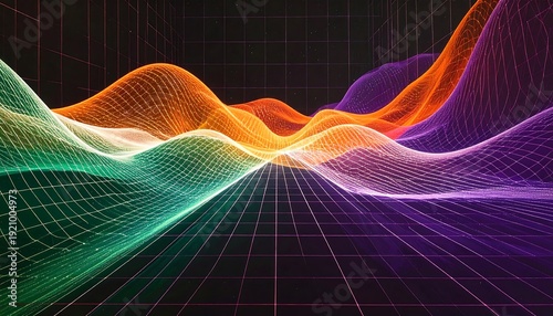 Abstract mesh landscape of wavy colorful lines forms hills on a grid against a dark background
