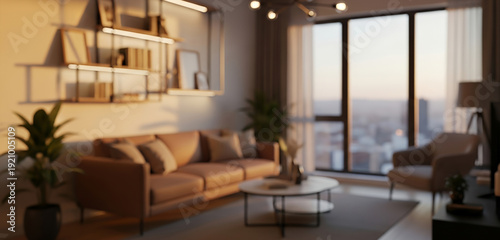 Wallpaper Mural Soft focus contemporary apartment interior with warm tones and city view through the window. Suitable for advertising and presentation backdrop. Torontodigital.ca