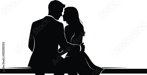 Romantic couple silhouette sitting together, love and relationship concept, black and white vector illustration for wedding design
