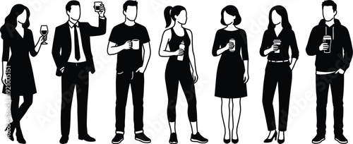 People silhouette collection holding drinks, men and women standing with coffee wine beer, social lifestyle isolated vector illustration set