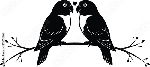 Romantic lovebirds silhouette on branch with heart symbol, black and white couple birds vector illustration for Valentine design