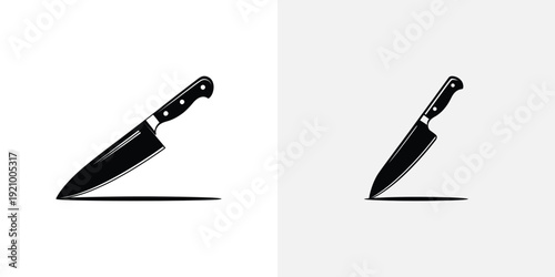 Two black kitchen knives on white and gray backgrounds 1