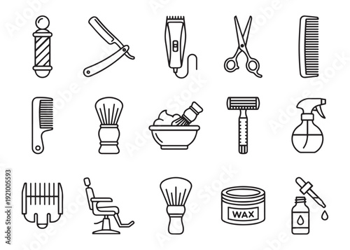 Barber shop line icon set featuring professional hair cutting and shaving tools