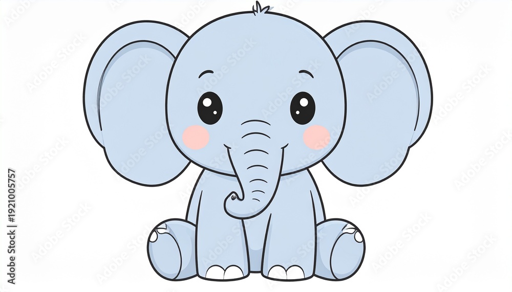 Fototapeta premium A cute illustration of a small elephant sitting and looking forward with a kawaii style.