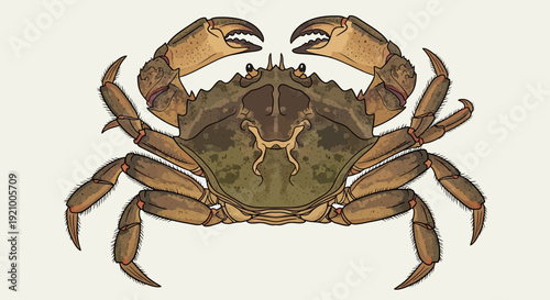Detailed illustration of a brown and green crab with raised claws, viewed from above.