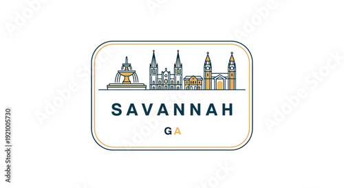 Minimalist line art illustration of the Savannah, Georgia skyline featuring iconic landmarks and city name.