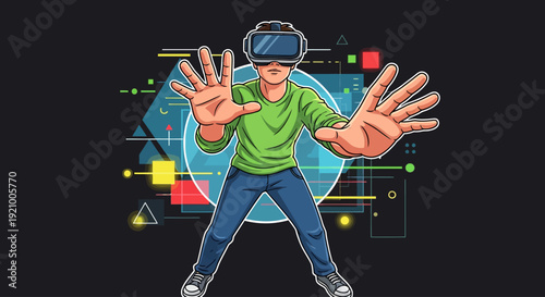 A person wearing a virtual reality headset interacting with a digital world, surrounded by abstract geometric shapes and lines.