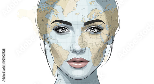 Woman's face with world map overlay, symbolizing global connection