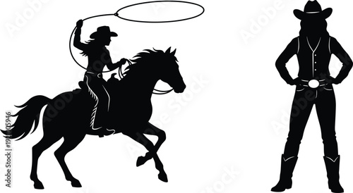 Western cowgirl silhouette riding horse with lasso, female cowboy standing pose, rodeo ranch country lifestyle isolated vector illustration