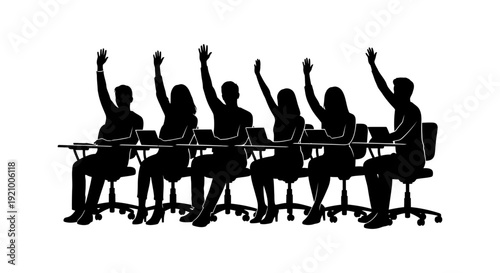 silhouette of people sitting in office chairs with hands raised in a meeting
