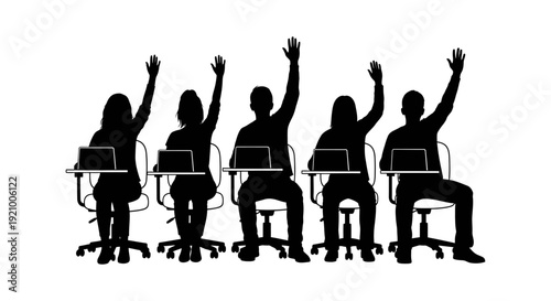 people sitting on office chairs with hands raised in meeting