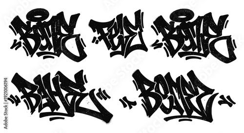 graffiti tags with black letters on white background