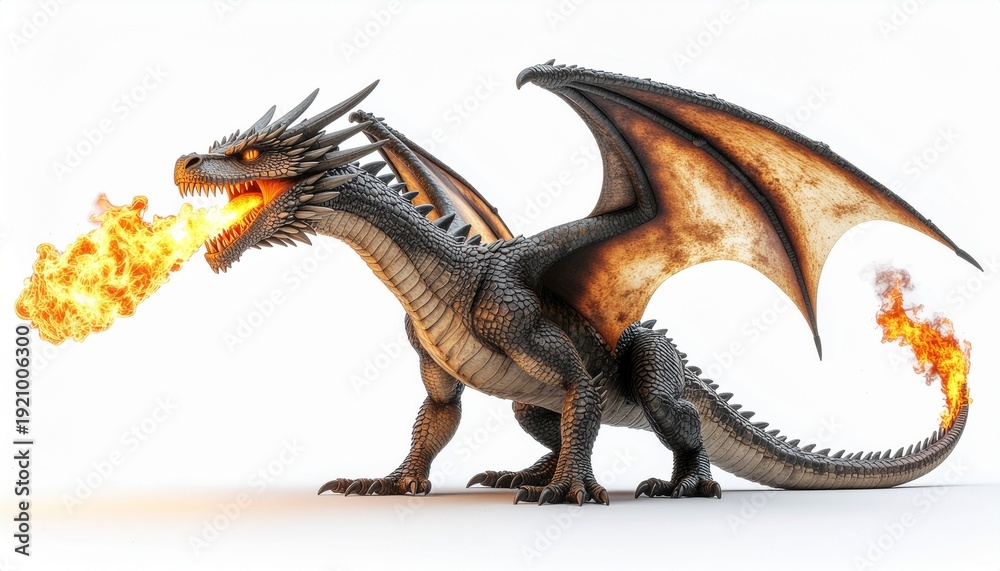 Fototapeta premium Realistic Fire Breathing Dragon Isolated on White, the tail emits fire as well
