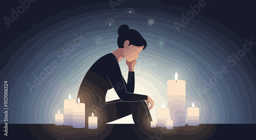 Woman sitting alone surrounded by candles in dark room
