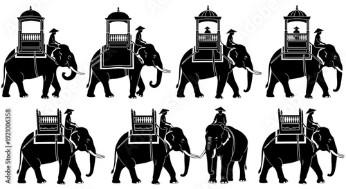 black silhouettes of elephants with riders in asian style towers