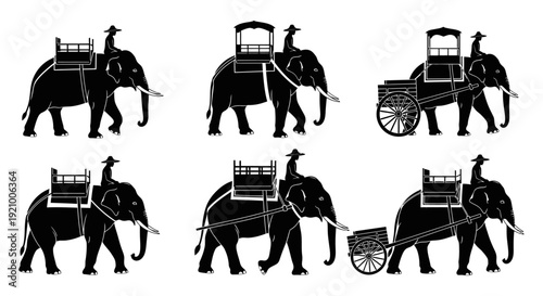 elephants with riders and carts in various poses and positions