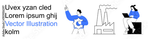 Manufacturing processes, industrial automation, technology development, digital transformation, teamwork, productivity. Factory with chimneys, worker holding gear, and person using laptop