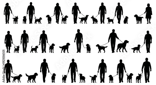 silhouettes of people walking dogs in various poses and sizes