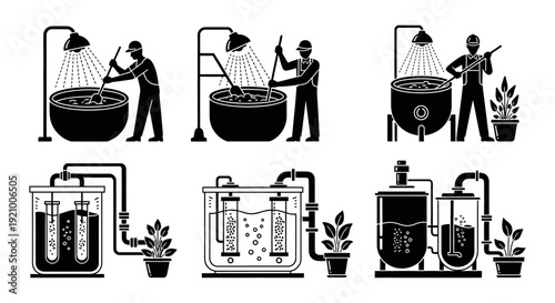 hydroponic system illustrations with people gardening plants