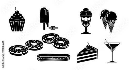 dessert icons including cake, pie, ice cream and donuts
