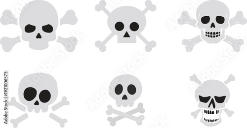 Skull Cross Bone Icon set Collection Group with Pirate Symbol, Danger Sign, Poison Emblem, Hazard , Gothic Tattoo Design, Halloween Graphic for Sticker Logo Print Poster Banner.