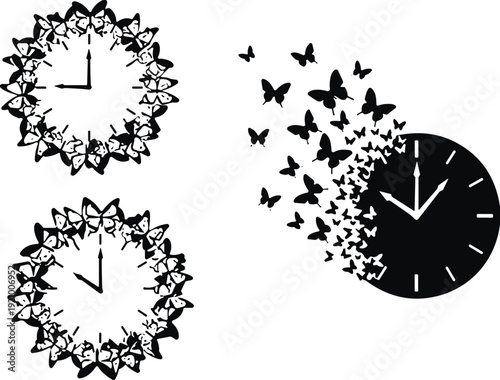 Set of creative black wall clock silhouettes featuring butterfly wreath designs and time flying concept with butterflies breaking away isolated on white background
