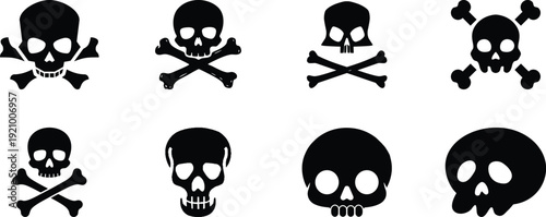 Skull Cross Bone Icon set Collection Group with Pirate Symbol, Danger Sign, Poison Emblem, Hazard , Gothic Tattoo Design, Halloween Graphic for Sticker Logo Print Poster Banner.