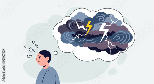 Man overwhelmed by stormy thoughts and anxiety