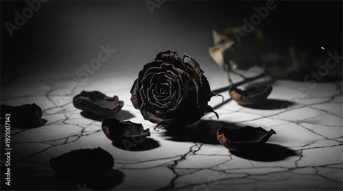 A dark, withered rose placed on a white surface with black cracks. 