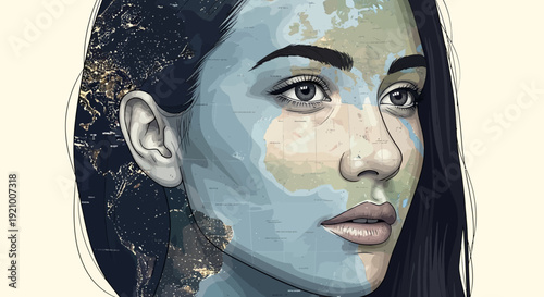 Stunning woman with world map design on her face looking forward