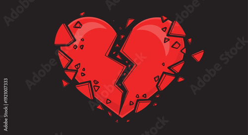Broken red heart with shattered pieces on black background