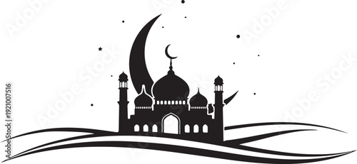 A mosque silhouette under a crescent moon