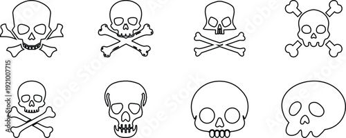 Skull Cross Bone Icon set Collection Group with Pirate Symbol, Danger Sign, Poison Emblem, Hazard , Gothic Tattoo Design, Halloween Graphic for Sticker Logo Print Poster Banner.