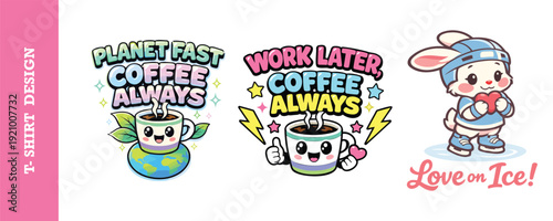 Cute and colorful tshirt design collection featuring playful coffee cups and adorable bunny character for fun lifestyle themes