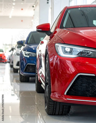 A row of new cars in a showroom