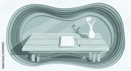 Desk with Notebook and Vase Illustration.