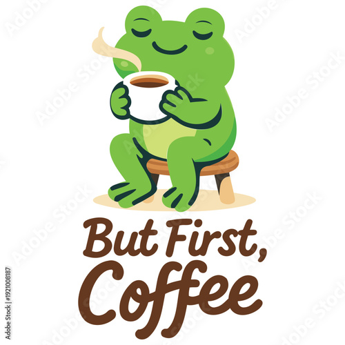 Cute green cartoon frog sitting on a stool enjoying a hot cup of coffee with steam rising up isolated illustration