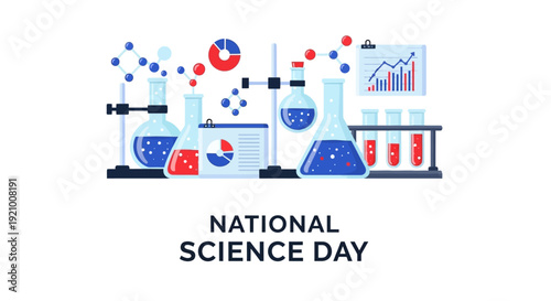 Flat illustration of laboratory equipment and science icons for National Science Day with a focus on STEM education and scientific discovery.